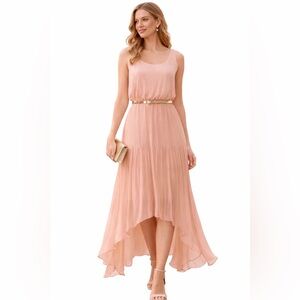 Calvin Klein Peach Chiffon Hi-Low Pleated Maxi Dress Size S NWT Wedding Guest